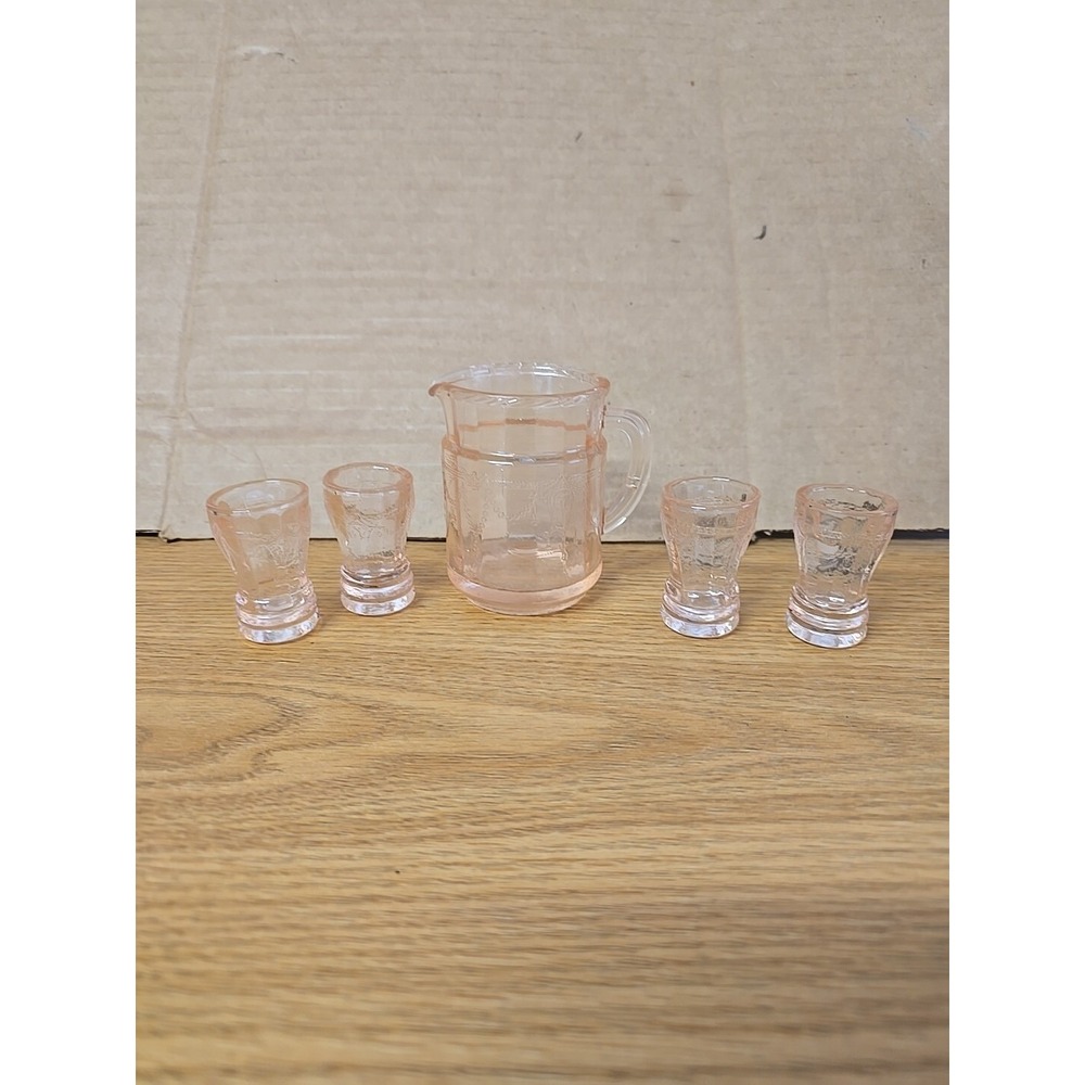 Mosser Miniatures Jennifer Pitcher & 4 Glasses Pink Glass Cameo Pattern See Pics